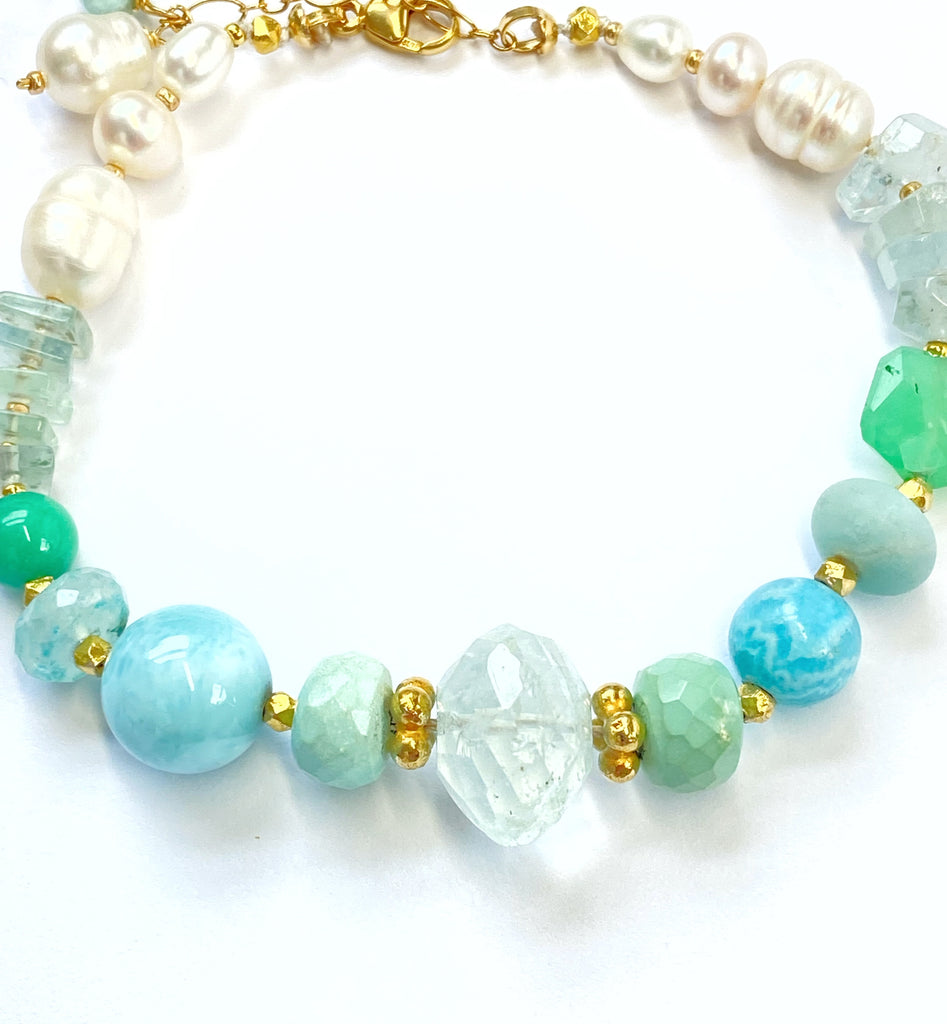bracelet for women, silk knot, aqua gemstones and pearls, gold