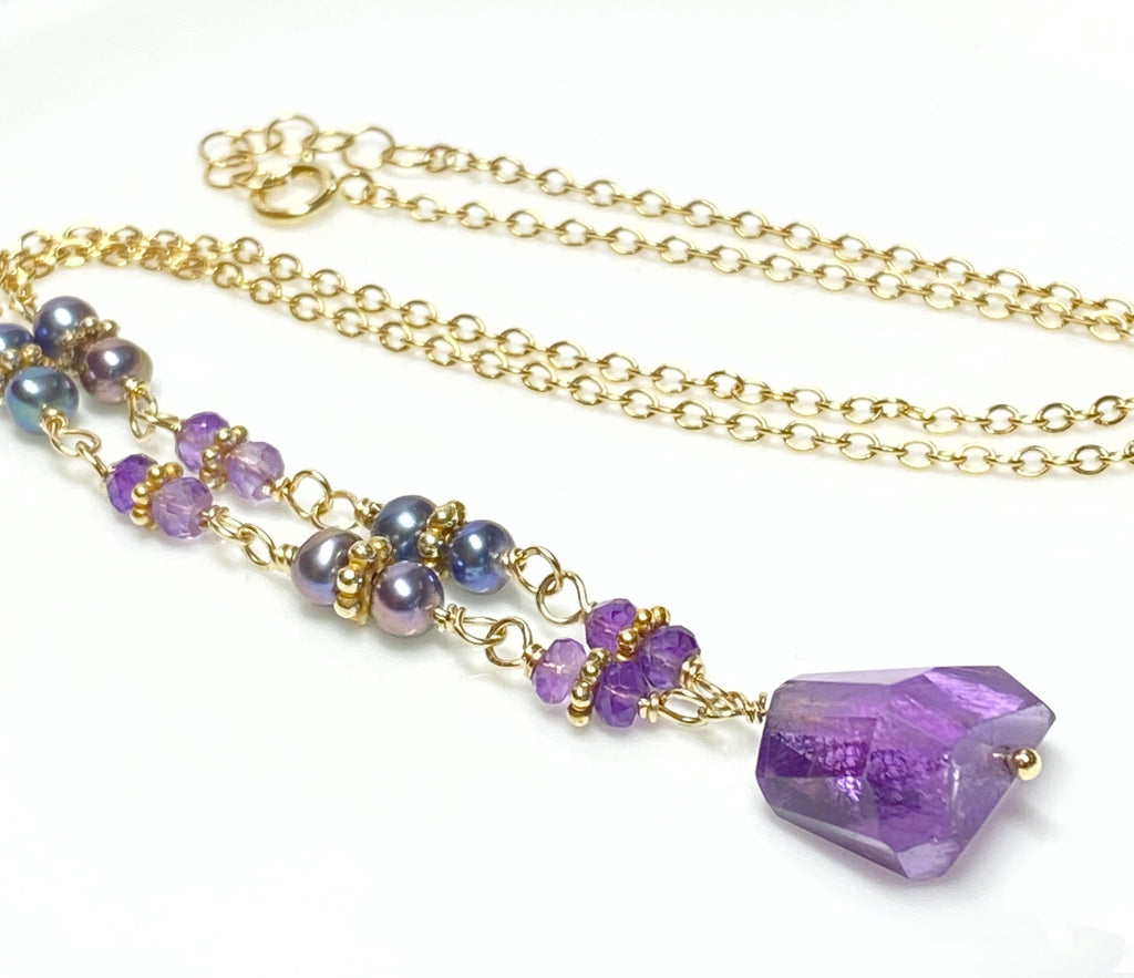Amethyst Pendant Necklace with Wire Wrapped Peacock Pearls