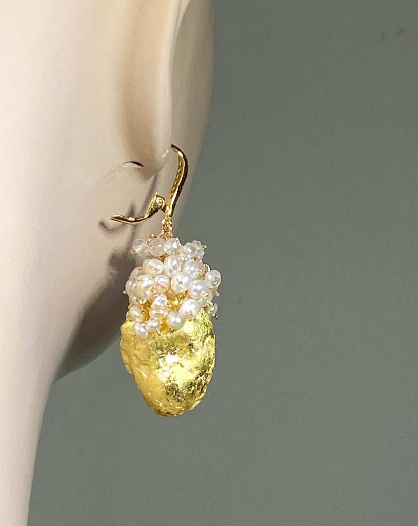 Ivory Beige Tabasco Geode Pearl Cluster 24 kt Gold Leaf Earrings - doolittlejewelry