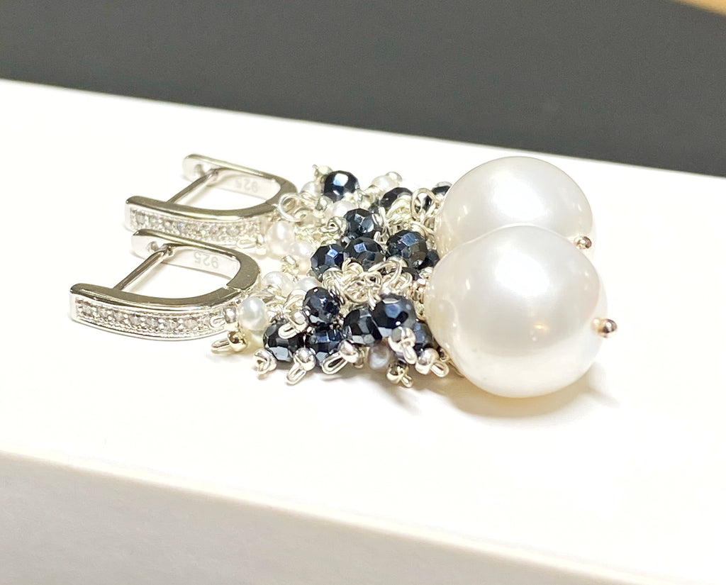white pearls with clusters of black spinel and pearls, sterling silver