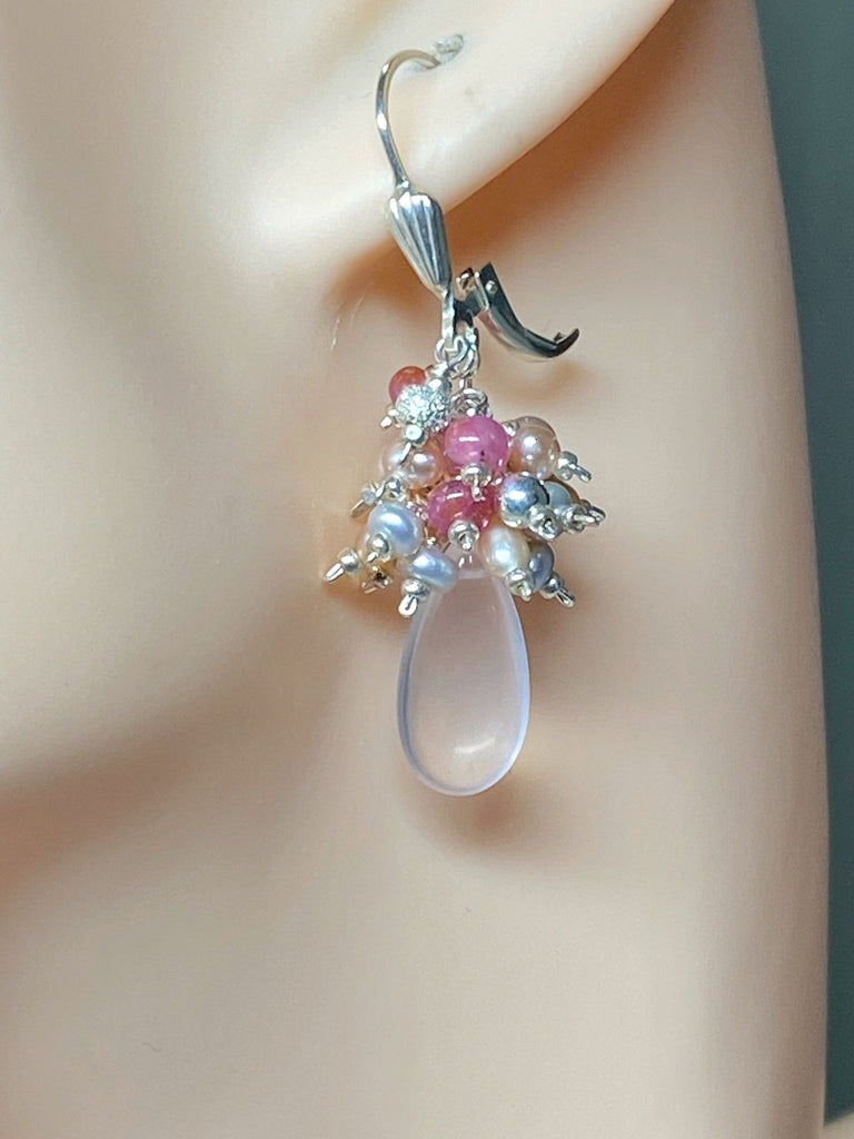 Pink Rose Quartz Gemstone and Pearl Cluster Earrings