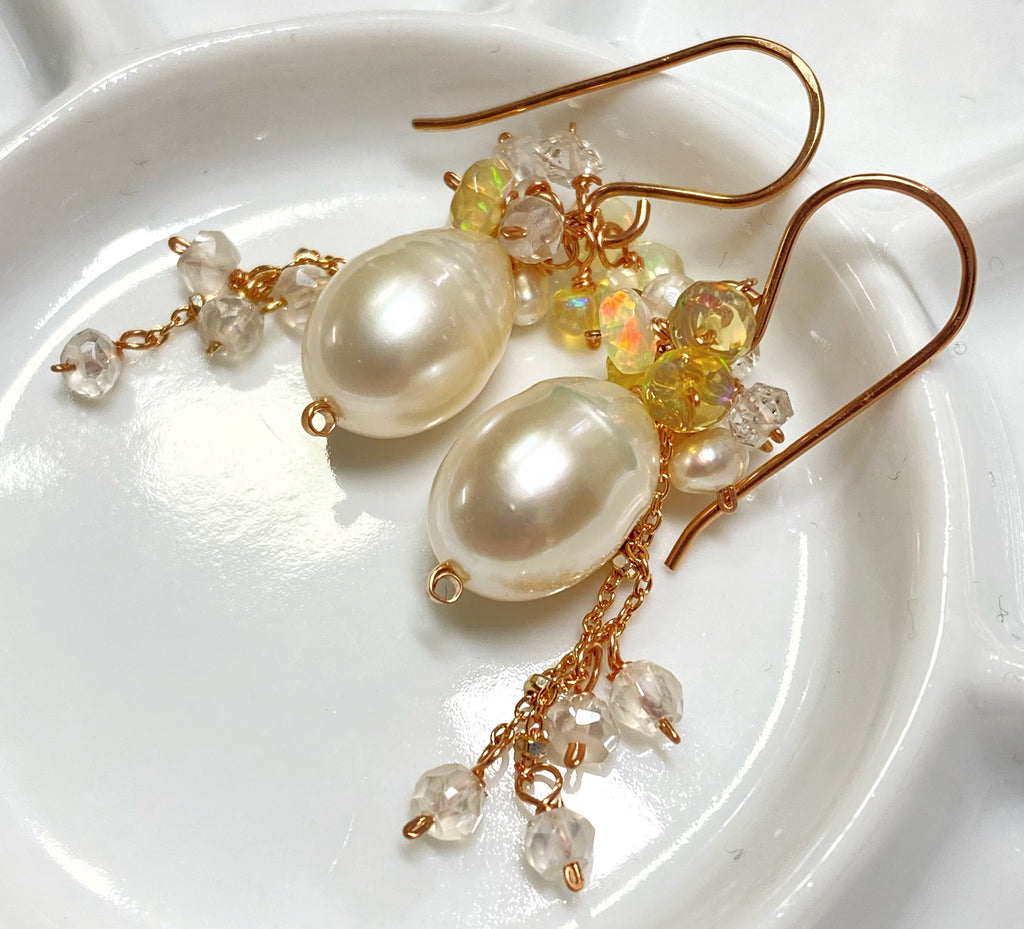 Rose Gold, Opal Cluster, Pearl Earrings