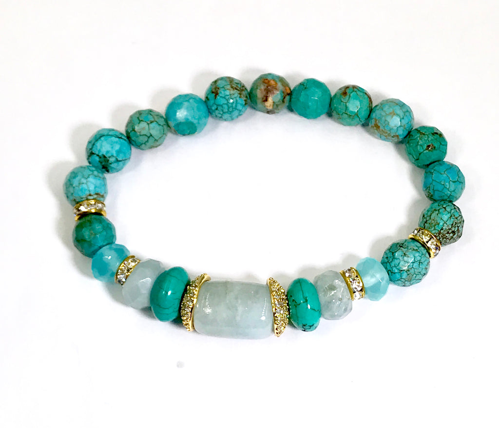 Turquoise Stretch Stacking Bracelet Set of 3 Gold Pave CZ - doolittlejewelry