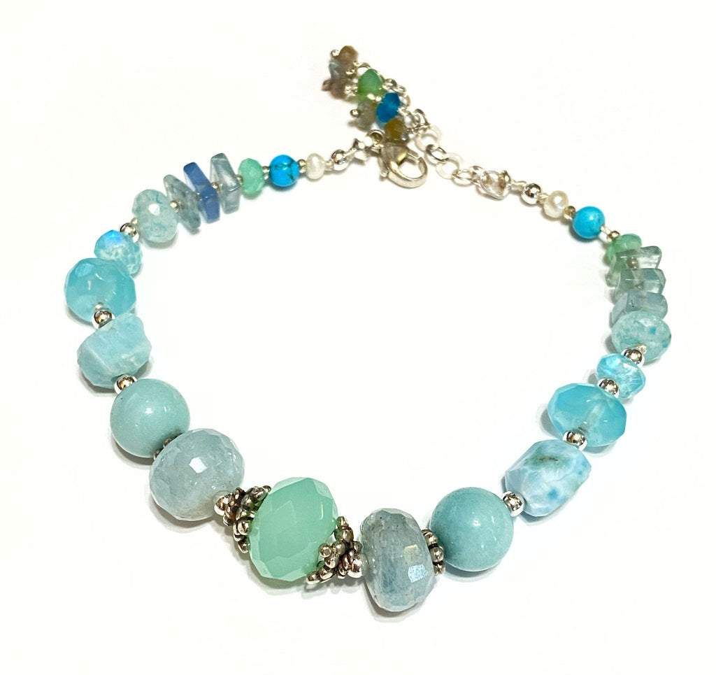 Aqua Gemstone Bracelet, Aquamarine, Larimar, Sterling Silver, Silk Knot