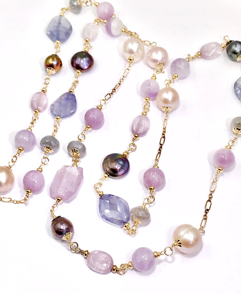 Long Multicolor Gem Stone Necklace Gold Kunzite, Blue Sapphire, Moonstone, Pearl