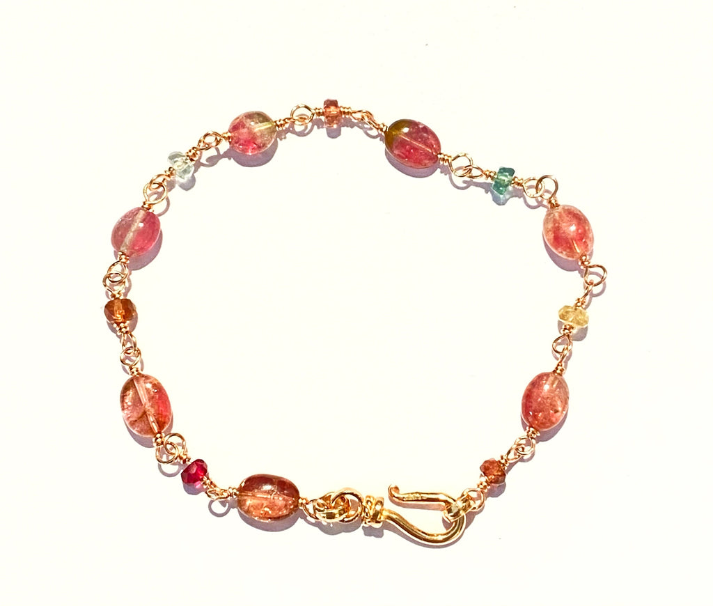 Watermelon Tourmaline Rose Gold Fill Rosary Style Bracelet Wire Wrap