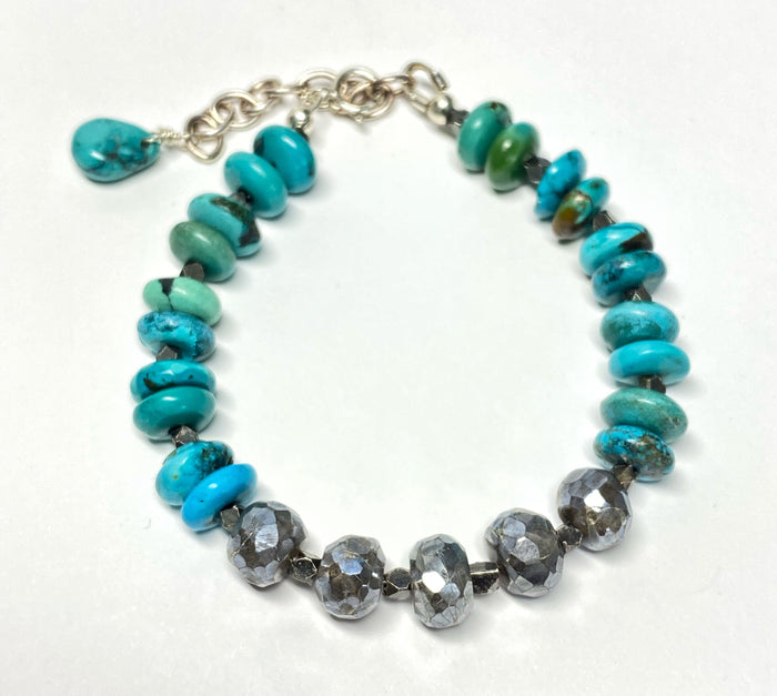 Turquoise, Sterling Silver and Grey Labradorite Adjustable Bracelet - Doolittle