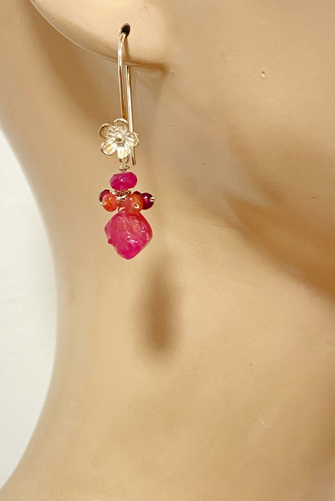 Pink Sapphire Raw Gemstone Earrings Long Sterling Silver Dangle Earrings Pink Gem Drop Earrings Sterling Silver Birthday Gift for Her