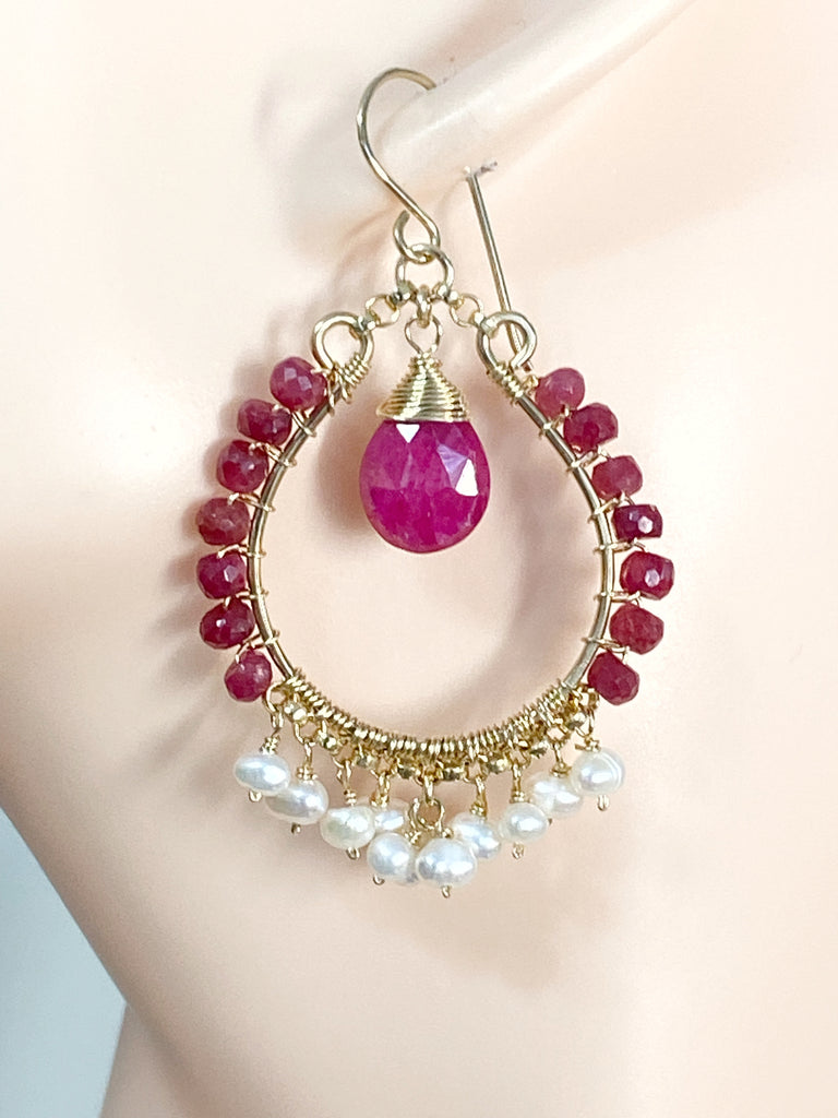 Red Ruby and Pearl Gold Hoop Statement Earrings