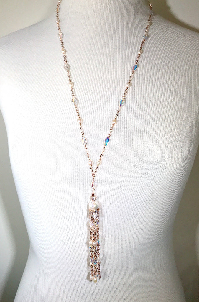 Rose Gold, Pearl and Swarovski Crystal Tassel Necklace - doolittlejewelry