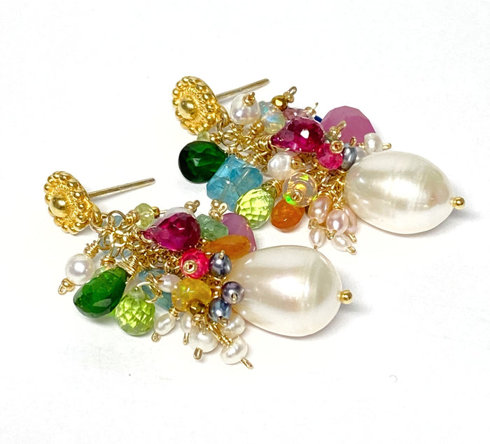 coilorful gemstone and pearl cluster earrings gold post