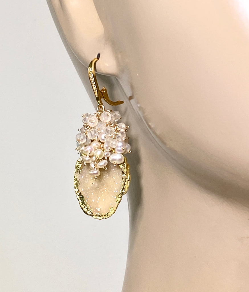 Ivory Beige Tabasco Geode Pearl Cluster 24 kt Gold Leaf Earrings - doolittlejewelry