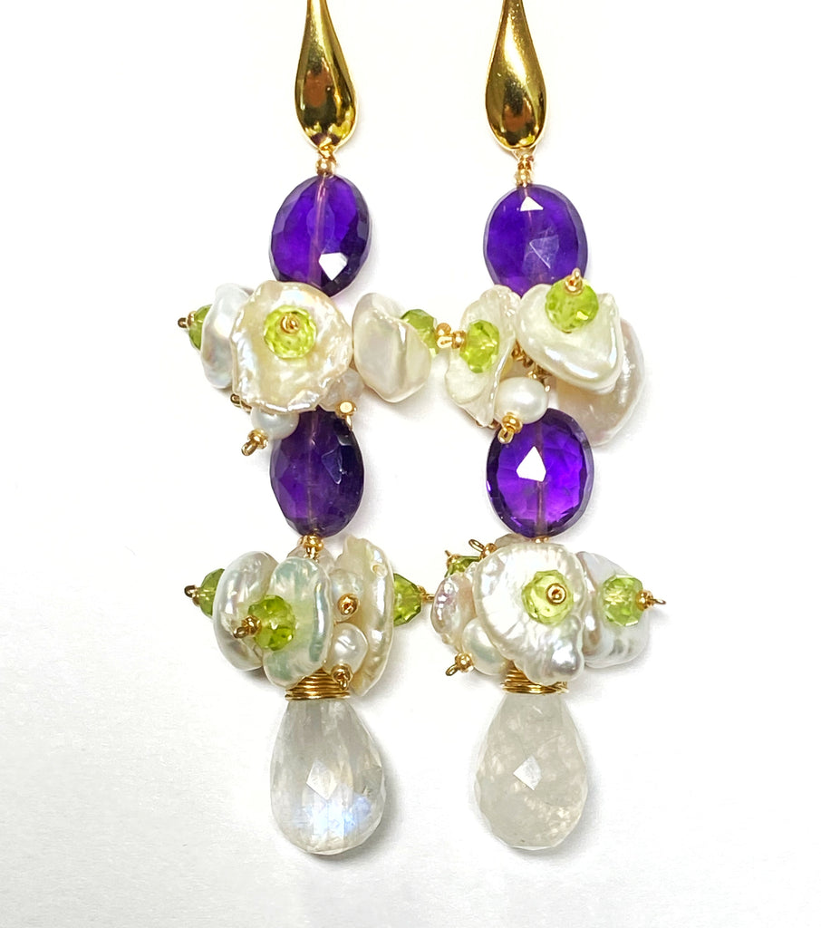 Amethyst Peridot Moonstone Keishi Pearl Long Drop Earrings