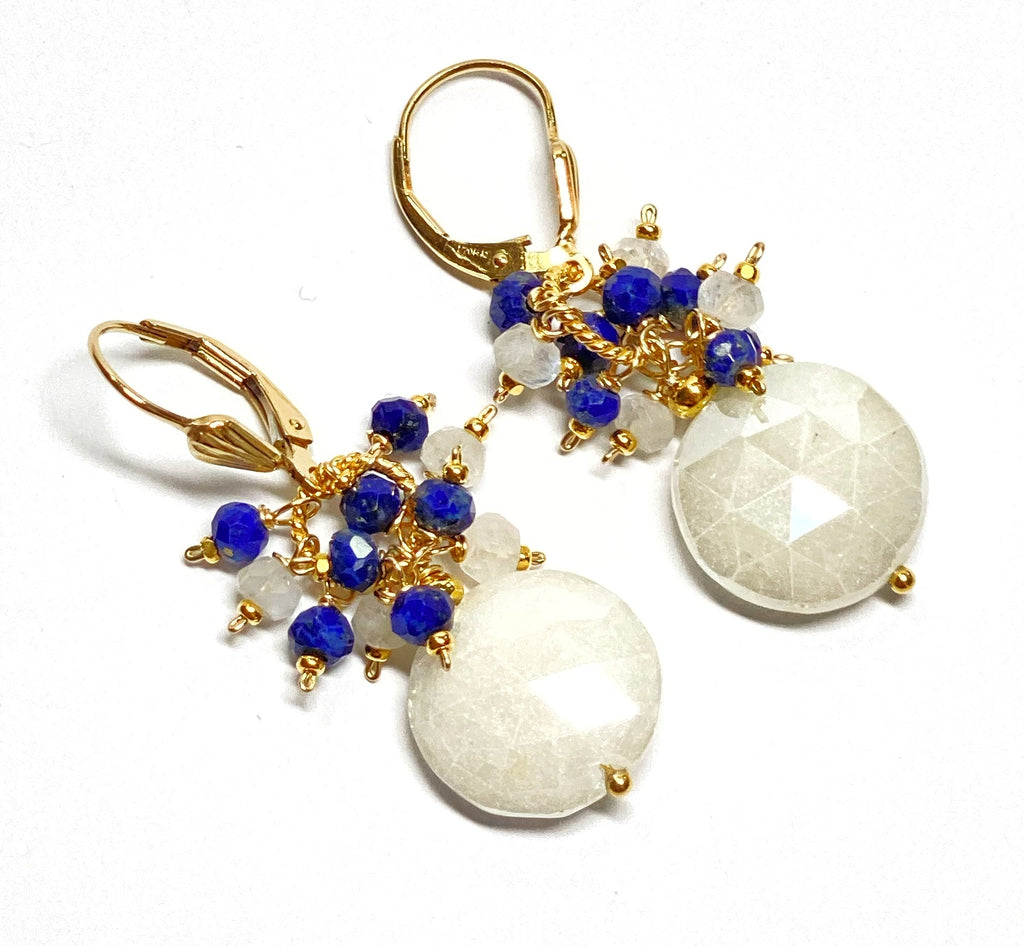 Blue and White Mystic Moonstone Cluster Earrings Gold