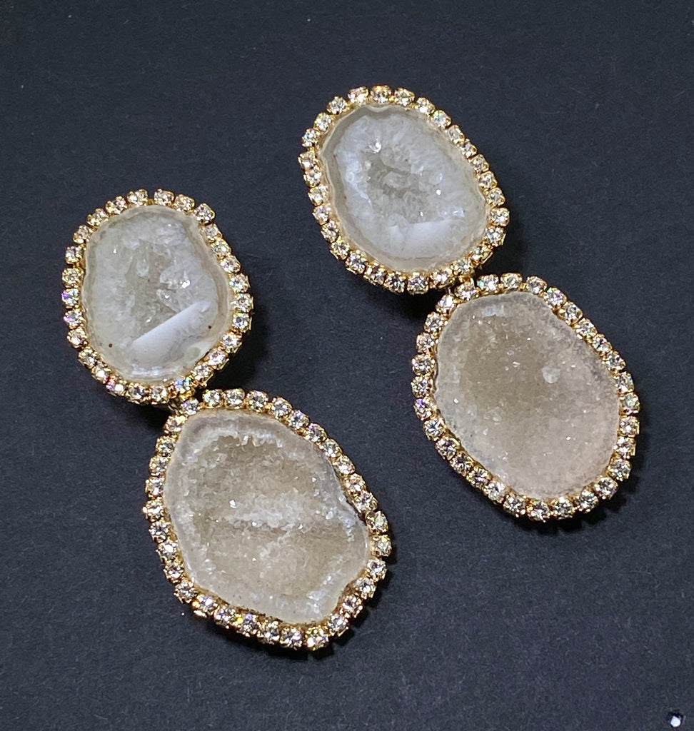 Ivory Tabasco Geode Bridal Earrings Double Dangle Post Diamond Style - doolittlejewelry