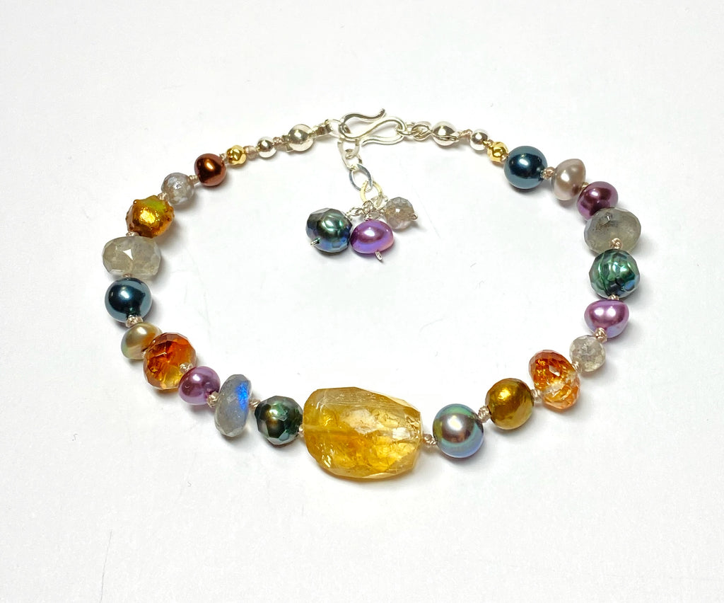 Citrine, Gemstone and Pearl Silk Knotted Bracelet, Adjustable