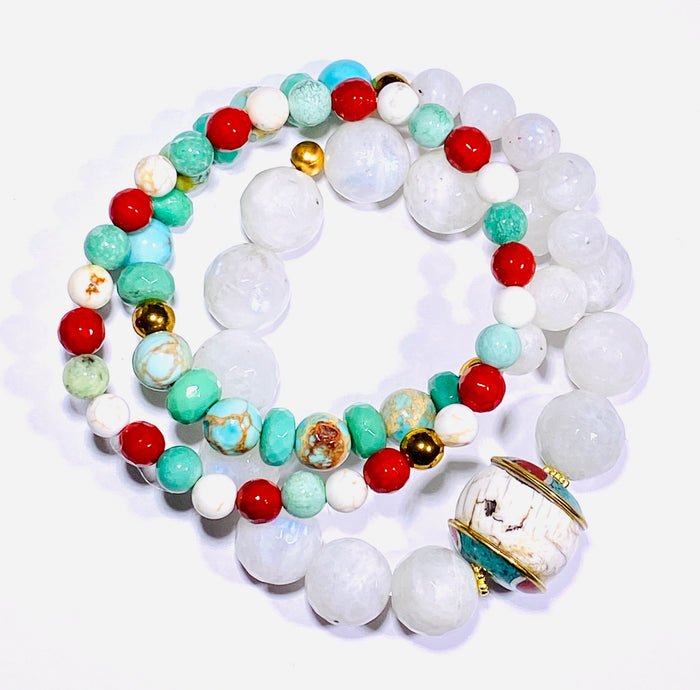 Set of 3 Stretch Stacking Bracelet White, Green, Turquoise, Red Gemstones - doolittlejewelry