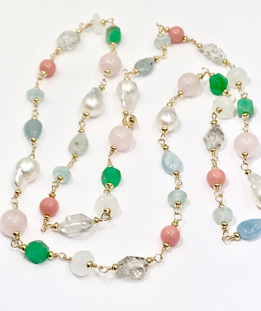 Multi Gemstone Pastel Long Necklace with Herkimer Diamond Aquamarine Gold - doolittlejewelry