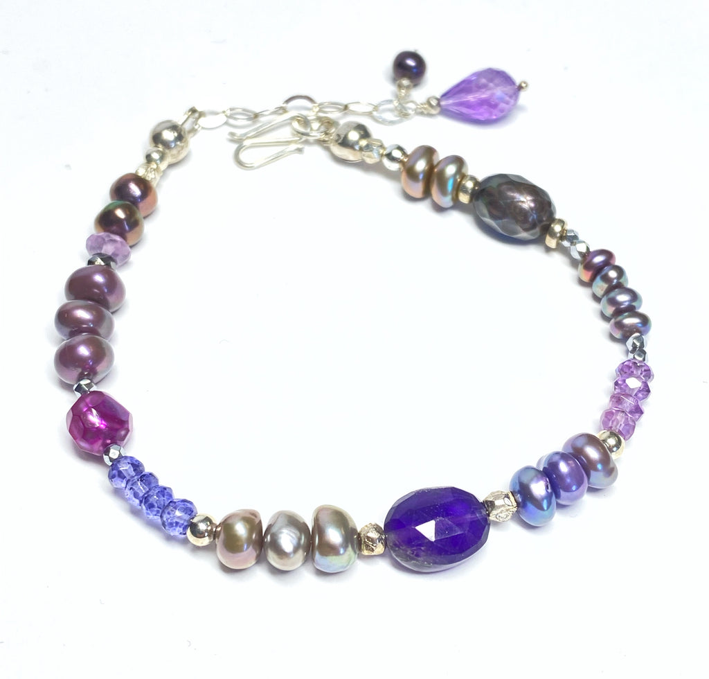 Amethyst Gem and Pearl Bracelet Sterling Silver