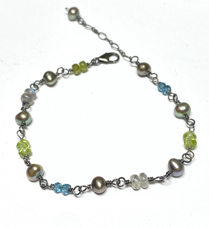 Peridot, Labradorite, London Blue Topaz Wire Wrapped Bracelet Oxidized Sterling Silver