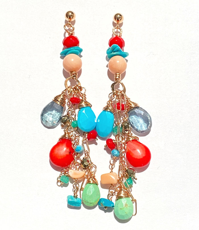 Turquoise Red Coral Rose Gold Long Boho Dangle Earrings