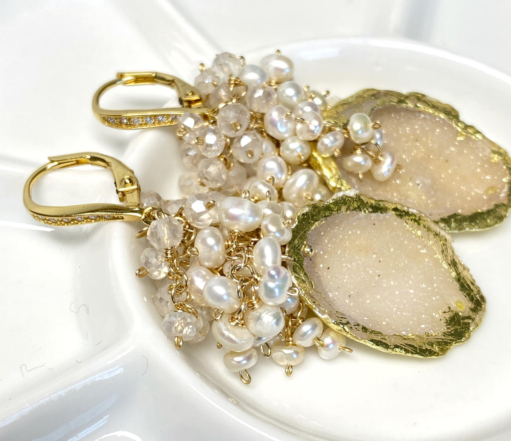 Ivory Beige Tabasco Geode Pearl Cluster 24 kt Gold Leaf Earrings