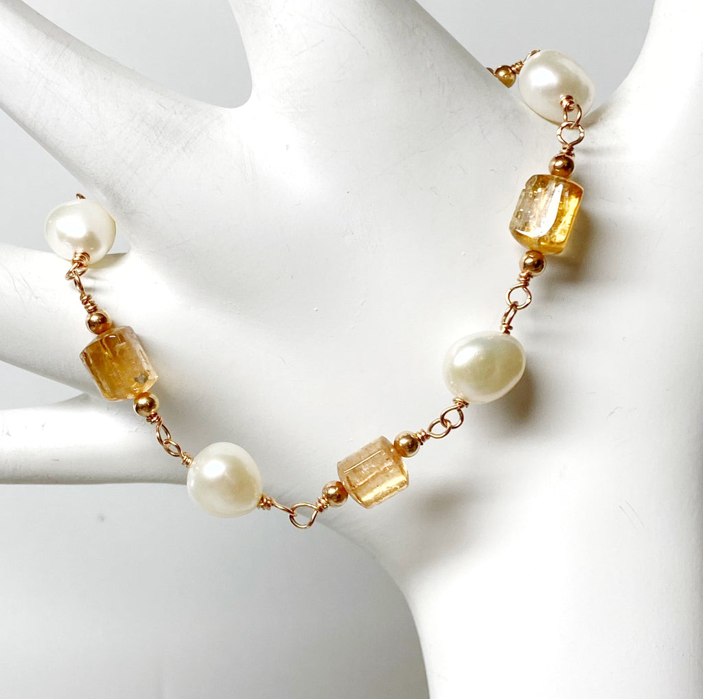 Imperial Topaz, Pearl and Rose Gold Wire Wrapped Bracelet