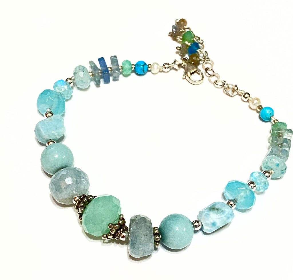 Aqua Gemstone Bracelet, Aquamarine, Larimar, Sterling Silver, Silk Knot