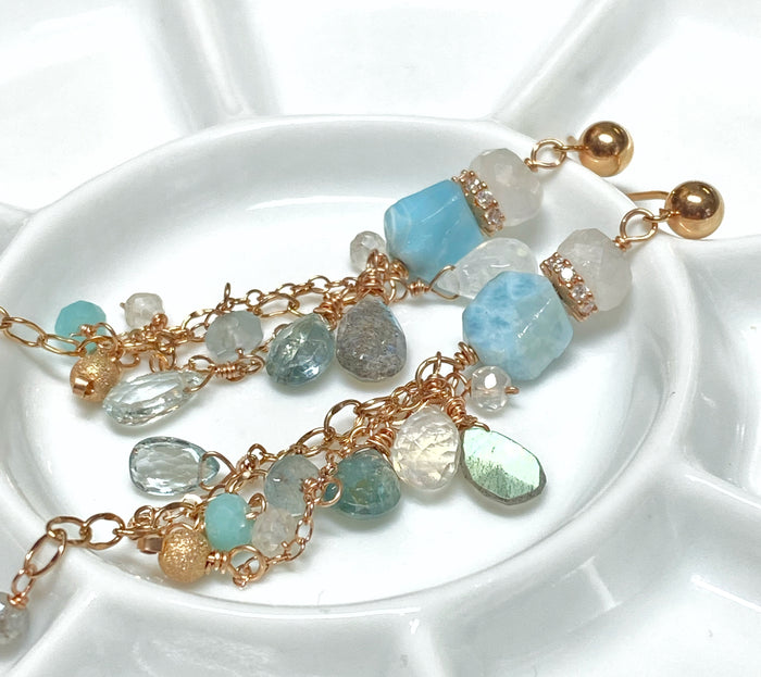 Larimar Labradorite Moonstone Rose Gold Boho Dangle Earrings
