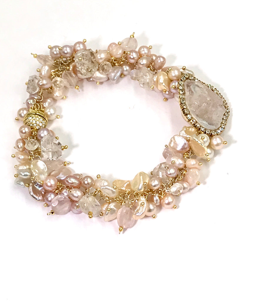 Ivory Blush Tabasco Geode Cluster Bracelet with Herkimer Diamond Quartz - doolittlejewelry