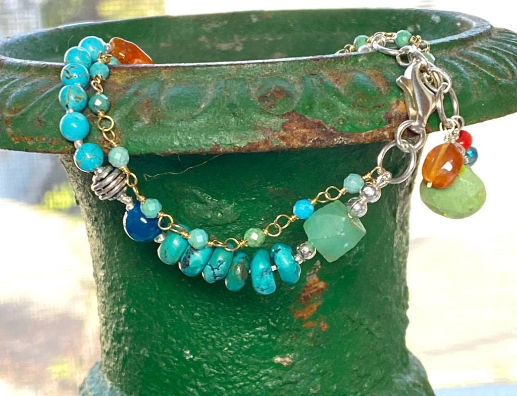 Turquoise, Carnelian Silk Knot Bracelet, Boho Style