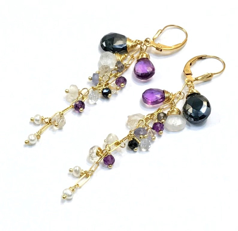 amethyst dangle wire wrap moonstone earrings