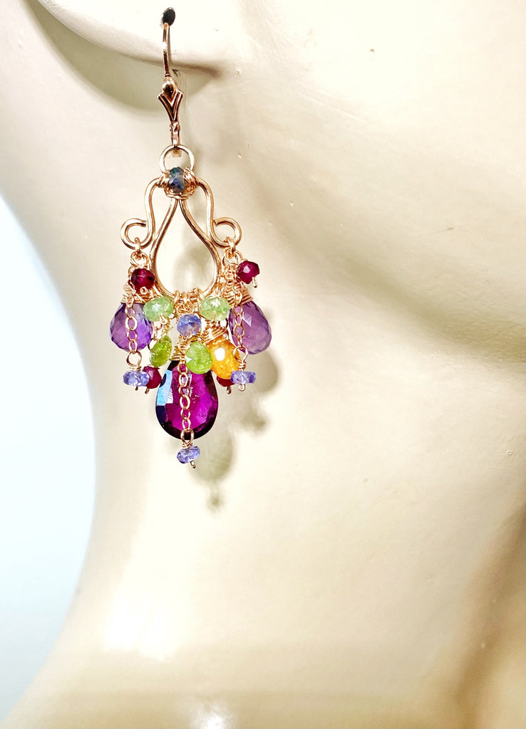 Rose Gold Chandelier Earrings Rhodolite Garnet Amethyst Lever Back