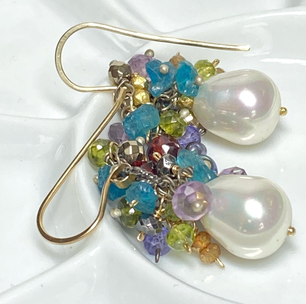 Pearl Cluster Earrings Multi-color Gemstone Mixed Metal