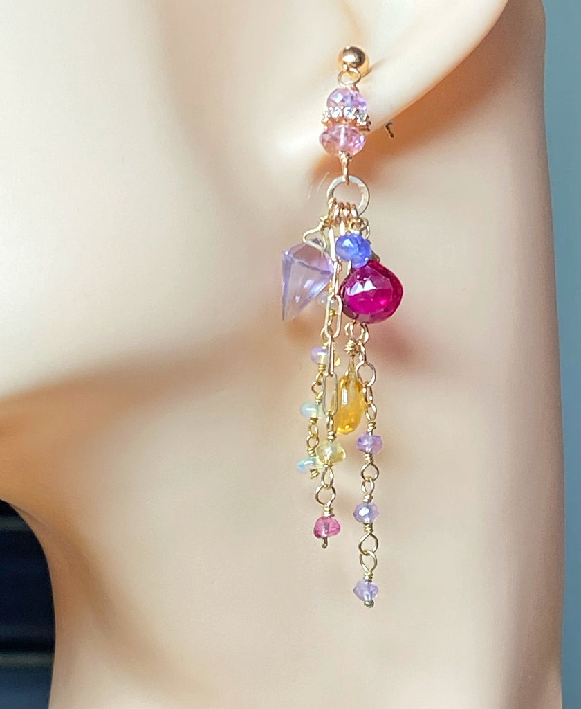 Multi-color Gemstone Long Chain Dangle Earrings Red Topaz Pink Amethyst Citrine Opal Rose Gold
