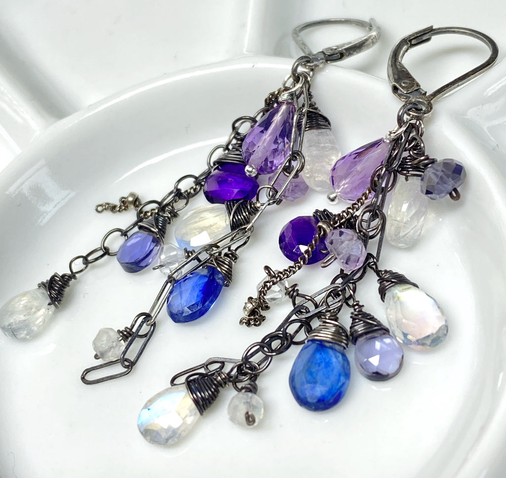blue violet gemstone dangle earrings in oxidized sterling silver