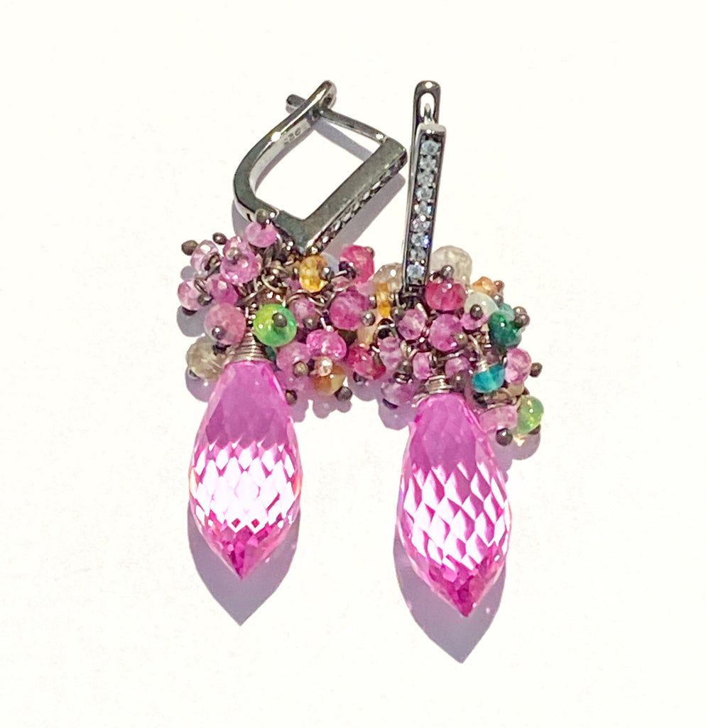 Pink Topaz and Opal Sapphire Cluster Earrings in Oxidized Silver - doolittlejewelry