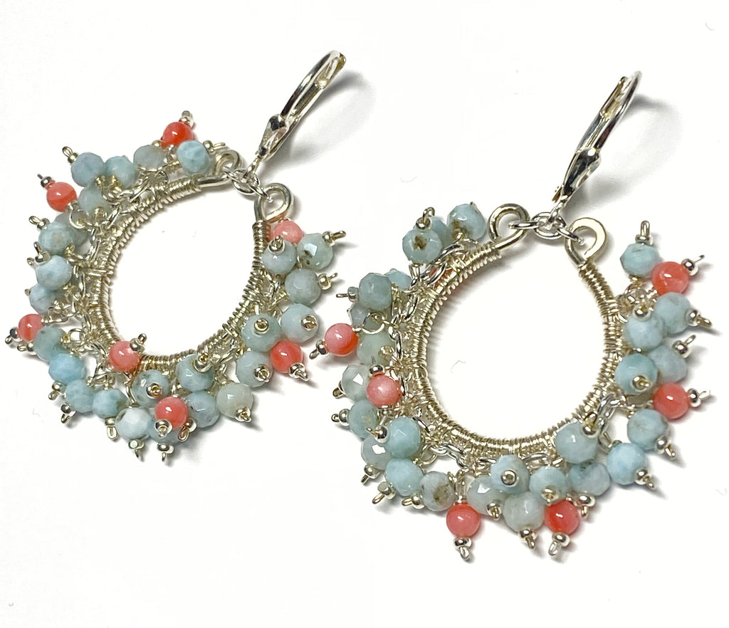 Larimar and Coral Hoop Earrings Sterling Silver