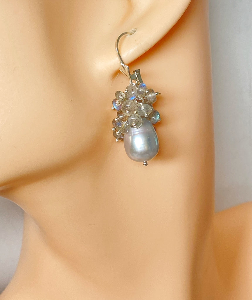 Silver Grey Pearl Earrings Sterling Silver with AAA Labradorite Gemstone Clusters