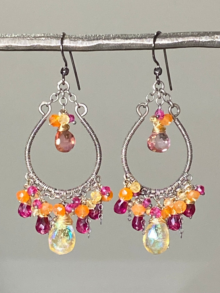 Multi-color Gemstone Hoop Earrings Mystic Citrine Hot Pink Quartz Oxidized Silver