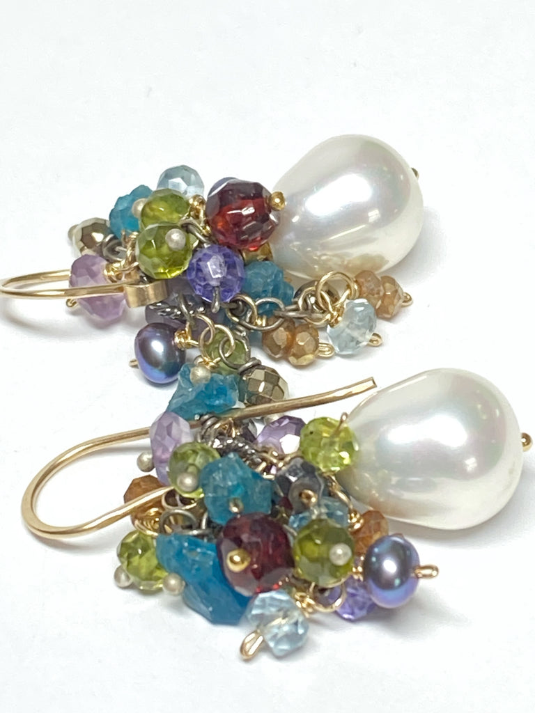 Pearl Cluster Earrings Multi-color Gemstone Mixed Metal