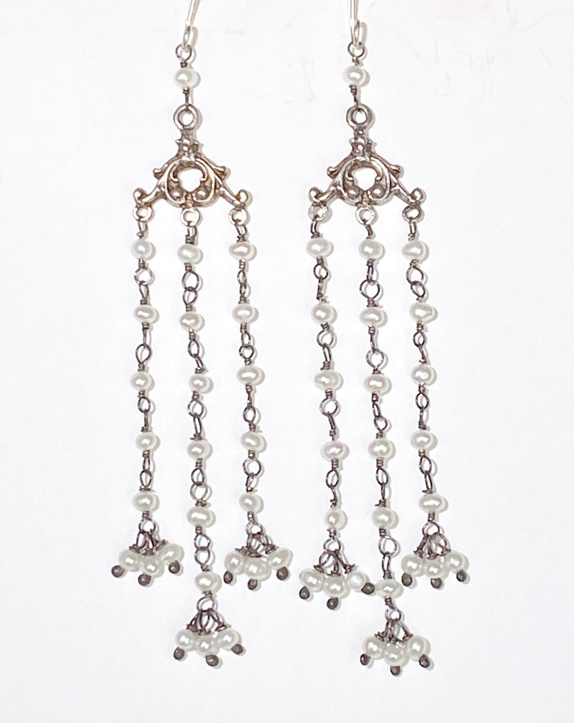 Long Pearl Chandelier Earrings Oxidized Silver Shoulder Dusters