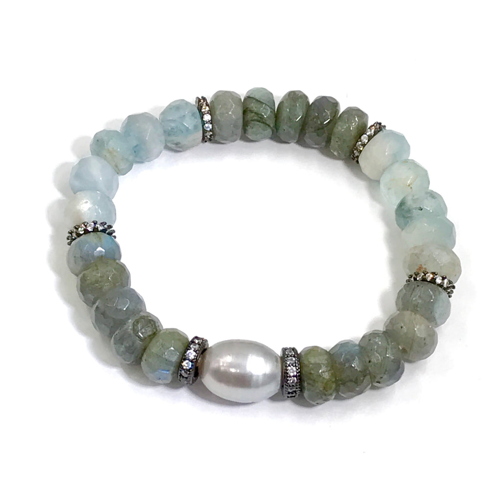 Aquamarine, Labradorite Gemstone Stack and Stretch Layering Bracelets Set - doolittlejewelry