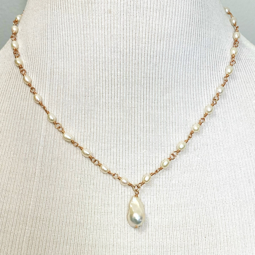 Dainty Baroque Pearl Necklace Wire Wrapped Rosary Style Rose Gold Fill