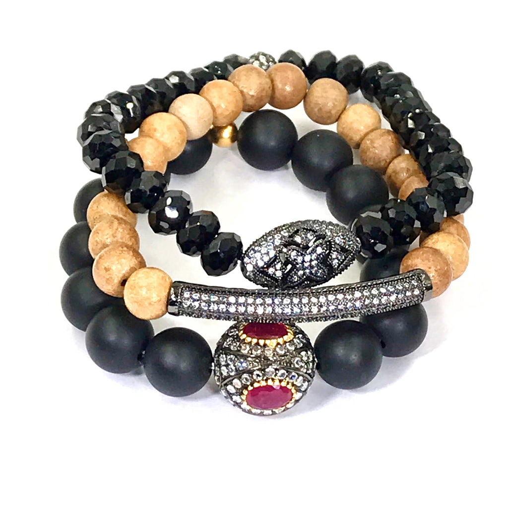 Ruby Stretch Black Onyx Beaded Stacking Bracelet