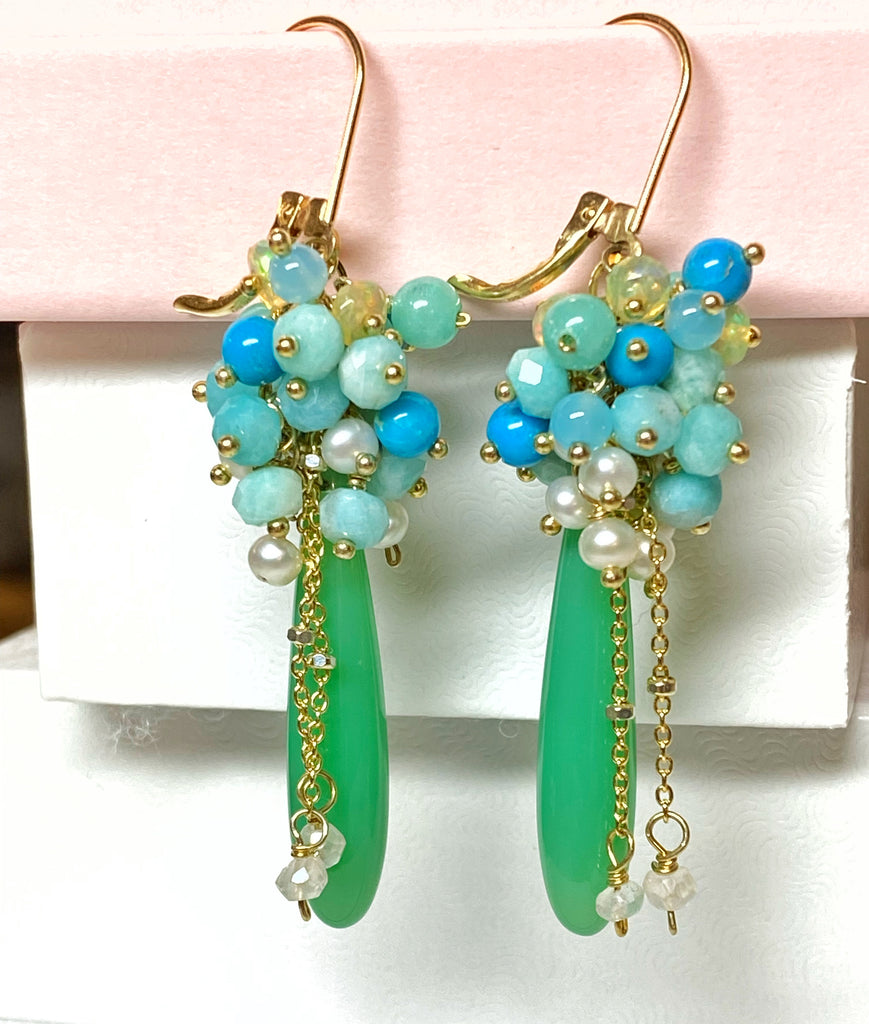 green, turquoise, opal amazonite, pearl cluster earrings gold