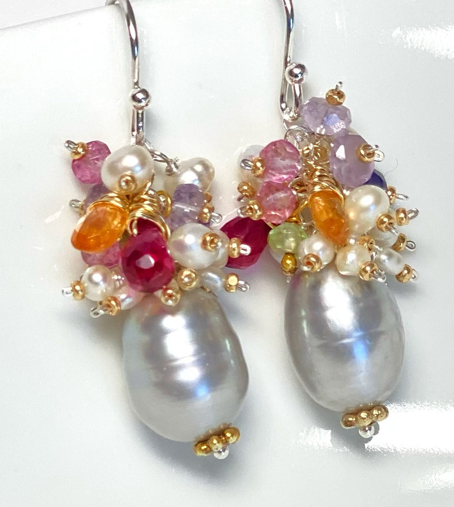 Silver Gray Platinum Baroque Pearl Gemstone Cluster Earrings Mixed Metal