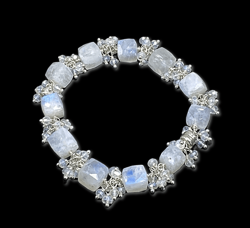 Rainbow Moonstone Bridal Bracelet Mystic Crystal Cluster Sterling Silver - doolittlejewelry