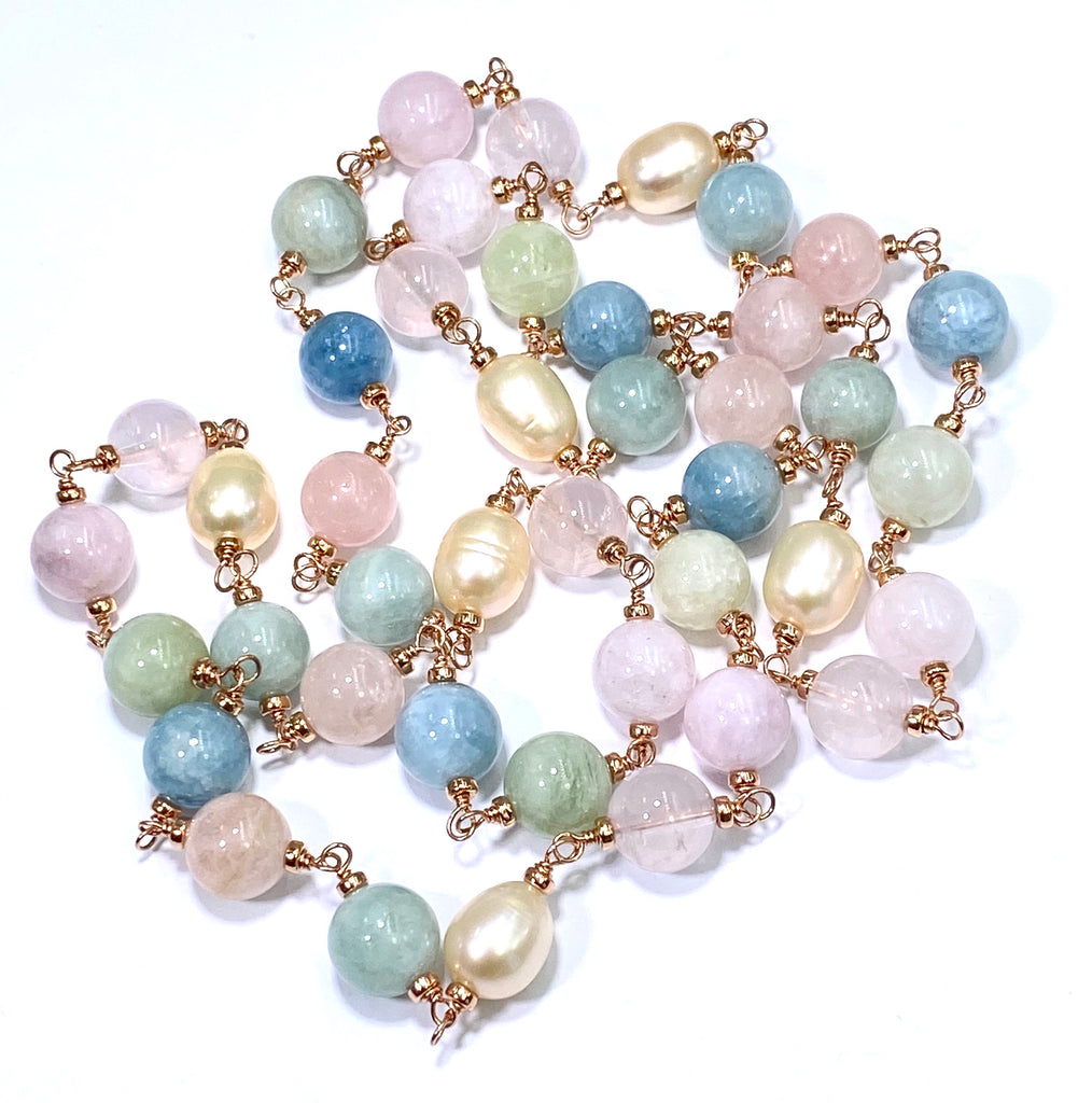 Long Rose Gold Necklace with Aquamarine, Morganite, Rose Quartz, Pearl Sautoir - doolittlejewelry