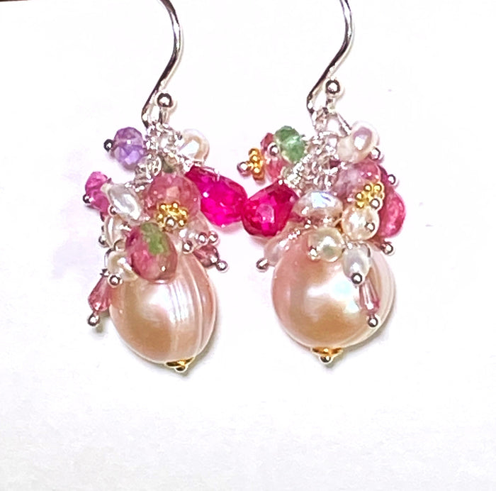 Pink Pearl Gemstone Tourmaline Cluster Earrings Sterling Silver Mixed Metal